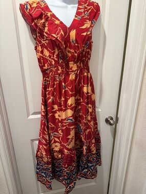Grace Karin Red Floral Midi Dress with Yellow and Blue Accents